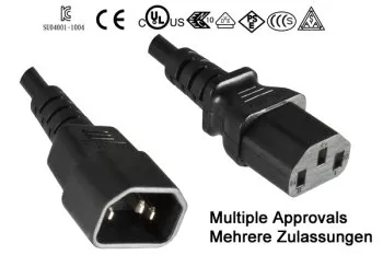 Strāvas kabelis no C13 uz C14, pagarinājums, 1mm², ar vairākiem apstiprinājumiem: VDE/UL/CCC/KTL/SAA/PSE, melns, garums 3,00 m, 3,00 m.
