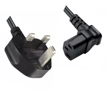 Power cable England UK type G 10A to C13 90°, 0,75mm², Approved: ASTA/SASO/HK and Singapore SM, black, length 1,80m