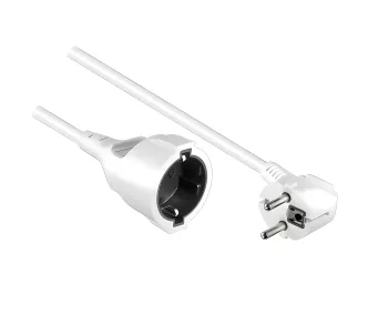 Protective contact extension cable, 1.5mm², 2m, CEE 7/7 90° to CEE 7/3, plug to socket, white