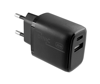 USB C+A töltő/tápegység 20W, PD, fehér, Power Delivery doboz, fekete, DINIC doboz