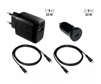 Laddningspaket med 2 laddare och 2 USB C-laddningskablar, 1x billaddare 20w, 1x nätladdare 20w, svart