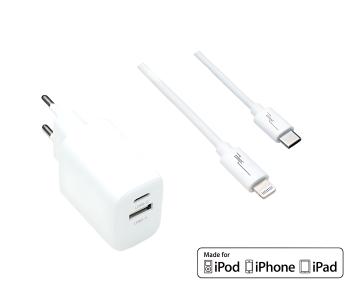 Conjunto de carregamento USB C+A 20W, PD, branco, 1m Lightning/C 20W, 3,6V~5,9V/3A; 6~9V/2A; 9V~12V/1,5A