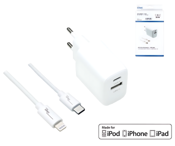 USB C+A charging set 20W, PD, Lightning/C 20W, 3.6V~5.9V/3A; 6~9V/2A; 9V~12V/1.5A, white, DINIC box with Euro hole, 2m