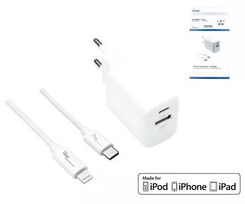 USB C+A Lade-Set 20W, PD, weiß, 2m Lightning/C 20W, 3,6V~5,9V/3A; 6~9V/2A; 9V~12V/1,5A