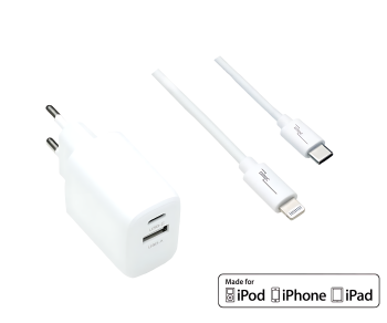USB C+A charging set 20W, PD, Lightning/C 20W, 3.6V~5.9V/3A; 6~9V/2A; 9V~12V/1.5A, white, DINIC box with Euro hole, 2m