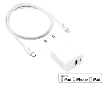 USB C+A charging set 20W, PD, Lightning/C 20W, 3.6V~5.9V/3A; 6~9V/2A; 9V~12V/1.5A, white, DINIC box with Euro hole, 2m