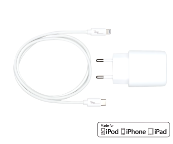 USB C+A charging set 20W, PD, Lightning/C 20W, 3.6V~5.9V/3A; 6~9V/2A; 9V~12V/1.5A, white, DINIC box with Euro hole, 2m