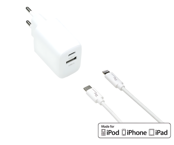 USB C+A charging set 20W, PD, Lightning/C 20W, 3.6V~5.9V/3A; 6~9V/2A; 9V~12V/1.5A, white, DINIC box with Euro hole, 2m