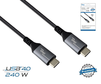 DINIC USB C 4.0 data and charging cable, type C to C, PD 240W, 40Gbps, aluminium plug, nylon cable, black, box with Euro hole, 1.50m