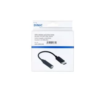 USB-C-adapter til 3,5 mm lyd (digital), hvit, med brikkesett, svart, DINIC-boks