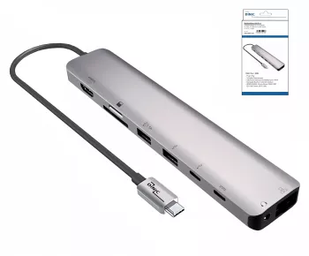 USB-C 9-in-1 Adapter, HDMI 4K/60Hz, 3,5mm Audio 2x USB-A, USB-C laden PD, USB-C Daten, SD/TF, RJ45, DINIC Box