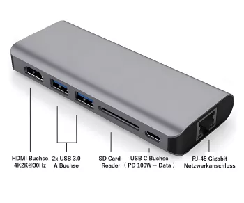 USB-C auf 2x USB 3.0, HDMI, RJ45, SD, USBC SD Card-Reader, 1x USB-C Data + PD 100W