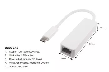 Adattatore spina USB C / RJ45 Gbit LAN, bianco, 10/100/1000 Mbps con rilevamento automatico, 0,2 m, sacchetto DINIC