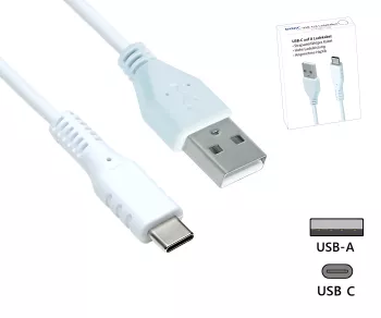 USB type C til A-ladekabel, hvit, 1,5 m USB type C til A-plugg, 5V, 3A, salgsfremmende eske