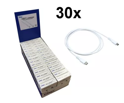 30x USB C vers C câble de charge 1,50m, blanc, en présentoir de comptoir DINIC