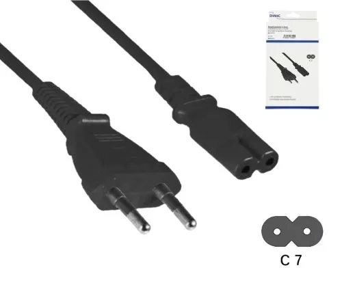 Cable de alimentación Euroconector tipo C a C7, 0,75 mm², Euroconector/IEC 60320-C7, VDE, negro, longitud 0,50 m, caja DINIC