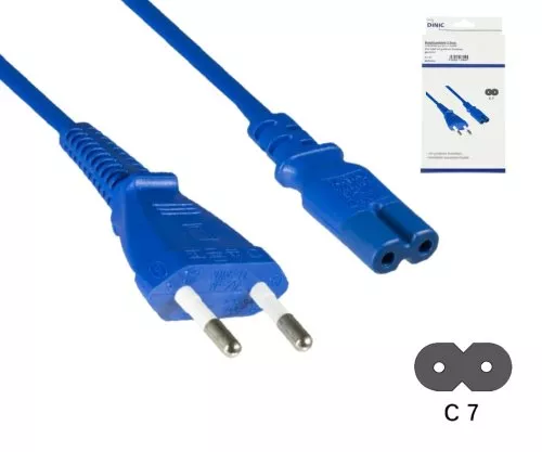 Kabel zasilający z wtyczką Euro typu C do C7, 0,75 mm², wtyczka Euro/IEC 60320-C7, VDE, niebieski, długość 1,80 m, puszka DINIC