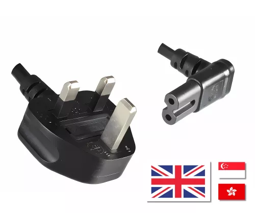 Power cord England UK type G 3A to C7 angled (bottom), 0,75mm², approval: ASTA, black, length 1,80m