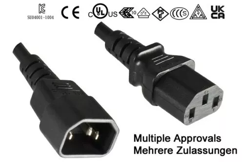 Strāvas kabelis no C13 uz C14, pagarinājums, 1mm², ar vairākiem apstiprinājumiem: VDE/UL/CCC/KTL/SAA/PSE, melns, garums 1,00 m, 1,00 m.