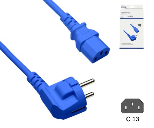 Câble secteur Europe CEE 7/7 90° sur C13, 0,75mm², VDE, bleu, longueur 1,80m, DINIC Box
