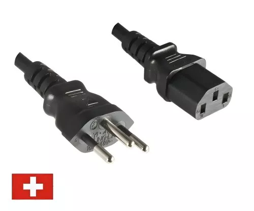Tīkla kabelis Šveices J tipa (daļēji izolēts) ar C13, 0,75 mm², apstiprinājums: SEV, melns, garums 1,00 m