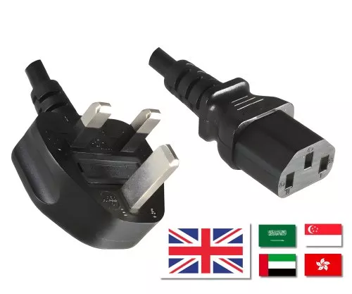 Netzkabel England UK Typ G 10A auf C13, 1mm², Zul.: ASTA /SASO /HK u. Singapore SM, schwarz, Länge 5,00m