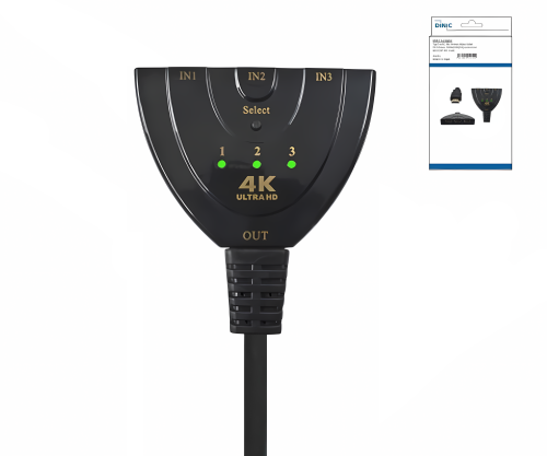 Switch box automatically 3 to 1 HDMI, DINIC Box 3 devices with HDMI connection to e.g. 1 TV set, DINIC Box with Eurohole