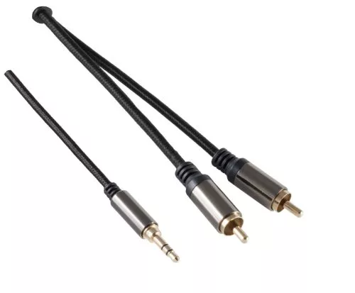 HQ jack-csatlakozó adapter kábel, 3.5mm jack dugó 3pin 2x cinch dugóhoz, fekete, DINIC doboz Euro lyukkal, hossza 1.50m