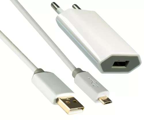 Adaptateur de charge USB 1000mA avec câble micro USB, 1,00m DINIC Monaco Range, blanc