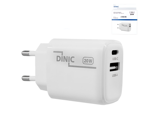 Polnilec/ napajalnik USB C+A 20W, PD, bela, škatla Power Delivery, bela, škatla DINIC