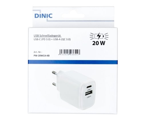 Nabíjačka/napájací zdroj USB C+A 20 W, PD, biela, krabica Power Delivery, biela, DINIC Box