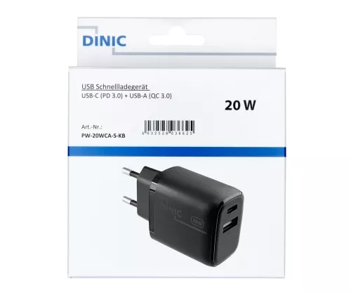 USB C+A Ladegerät/Netzteil 20W, PD, weiß, Box Power Delivery, schwarz, DINIC Box