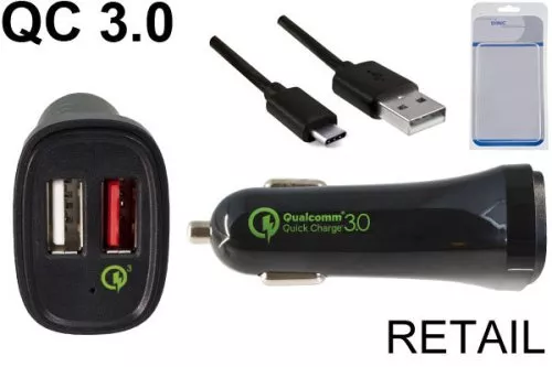 USB bil QC3 ladeadapter + USB C til A-kabel, 1,00 m, utgang 1: 5V 2,4A; utgang 2: 5V/3A, 9V/2A, 12V/1,5A