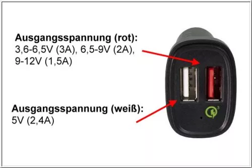 USB bil QC3 opladeradapter + USB C til A kabel, 1,00 m, udgang 1: 5V 2,4A; udgang 2: 5V/3A, 9V/2A, 12V/1,5A