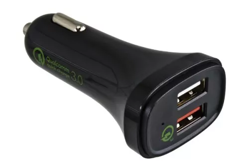 USB bil QC3 ladeadapter + USB C til A-kabel, 1,00 m, utgang 1: 5V 2,4A; utgang 2: 5V/3A, 9V/2A, 12V/1,5A