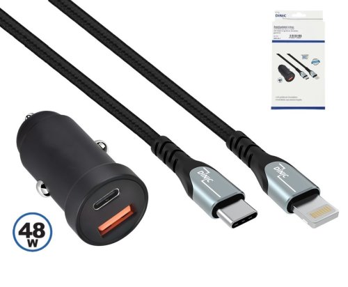 USB auto 48W C+A kiirlaadija + Lightning kaabel, 1m 48W USB autolaadija + USBC - Lightning HQ kaabel, karbis
