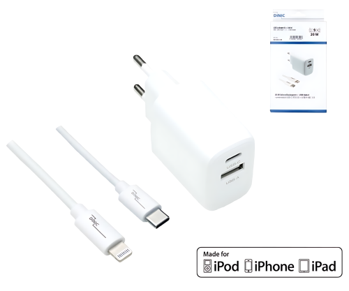 Conjunto de carregamento USB C+A 20W, PD, branco, 1m Lightning/C 20W, 3,6V~5,9V/3A; 6~9V/2A; 9V~12V/1,5A