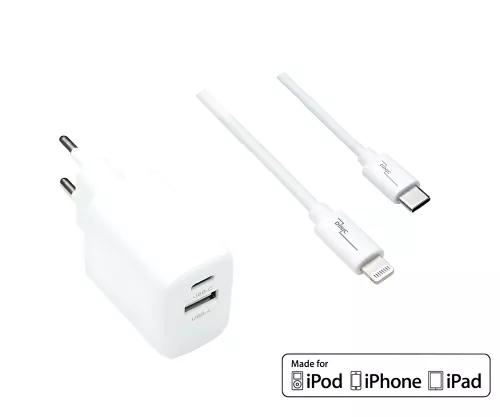 USB C+A charging set 20W, PD, white, 2m Lightning/C 20W, 3.6V~5.9V/3A; 6~9V/2A; 9V~12V/1.5A