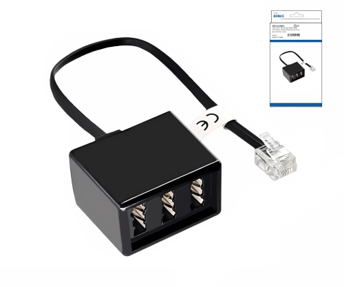 TAE distributor 3x TAE N/F/F socket to RJ11/RJ45 plug (6P4C), black, DINIC box with Euro hole, length 0.20m