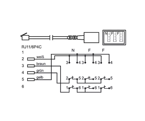 TAE Répartiteur 3x TAE N/F/F femelle sur RJ11/RJ45 mâle (6P4C), noir, DINIC Box avec trou européen, longueur 0,20m
