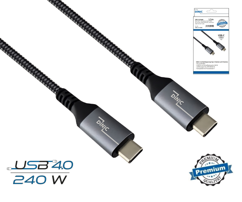 DINIC USB C 4.0 data and charging cable, type C to C, PD 240W, 40Gbps, aluminium plug, nylon cable, black, box with Euro hole, 1.50m