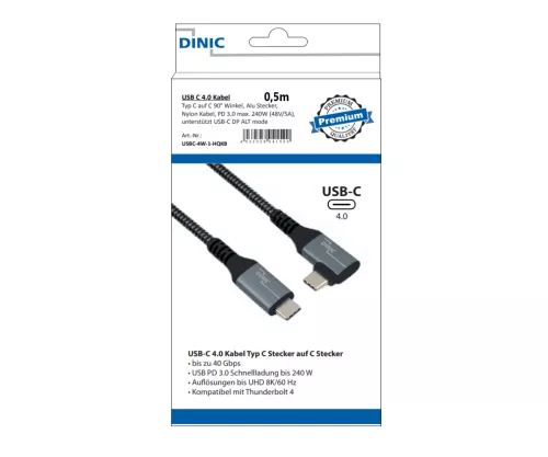 DINIC USB C 4.0 Kabel, gerade auf 90° Winkel, PD 240W, 40Gbps