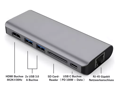 USB-C to 2x USB 3.0, HDMI, RJ45, SD, USBC SD Card-Reader, 1x USB-C Data + PD 100W