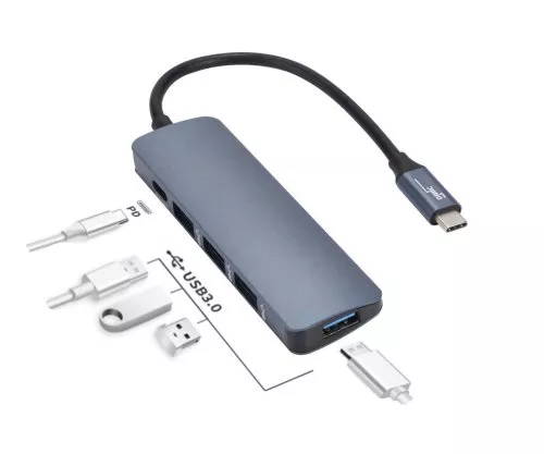 USB 3.1 Typ C Adapter USB A 4-Port HUB+PD, 4x USB A + Typ C Ladebuchse, DINIC Polybag