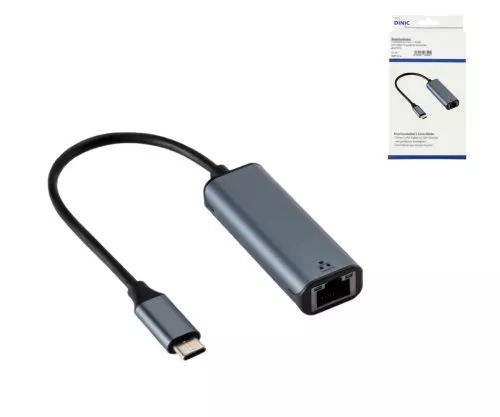 Adapter USB C-stekker/RJ45 Gbit LAN-aansluiting, 0,2 m, 10/100/1000 Mbps met autodetectie, space grijs, DINIC Box