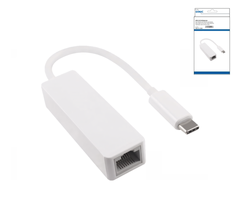 Adaptador ficha USB C / RJ45 Gbit LAN, branco, 10/100/1000 Mbps com deteção automática, 0,2 m, caixa DINIC