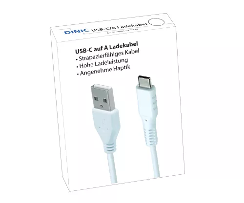 USB type C til A-ladekabel, hvit, 1,5 m USB type C til A-plugg, 5V, 3A, salgsfremmende eske