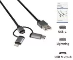 USB 3 in1 premium data-/oplaadkabel, 1,00 m USB A naar 1x USB C / 1x Micro USB of 1x Lightning