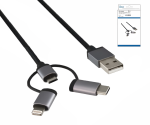 USB 3 in1 Premium Daten-/Ladekabel, 1,00m USB A auf 1x USB C / 1x Micro USB oder 1x Lightning